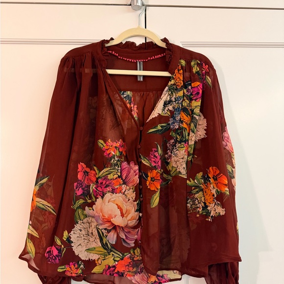 Anthropologie Brown Floral Sheer Blouse - Picture 2 of 4